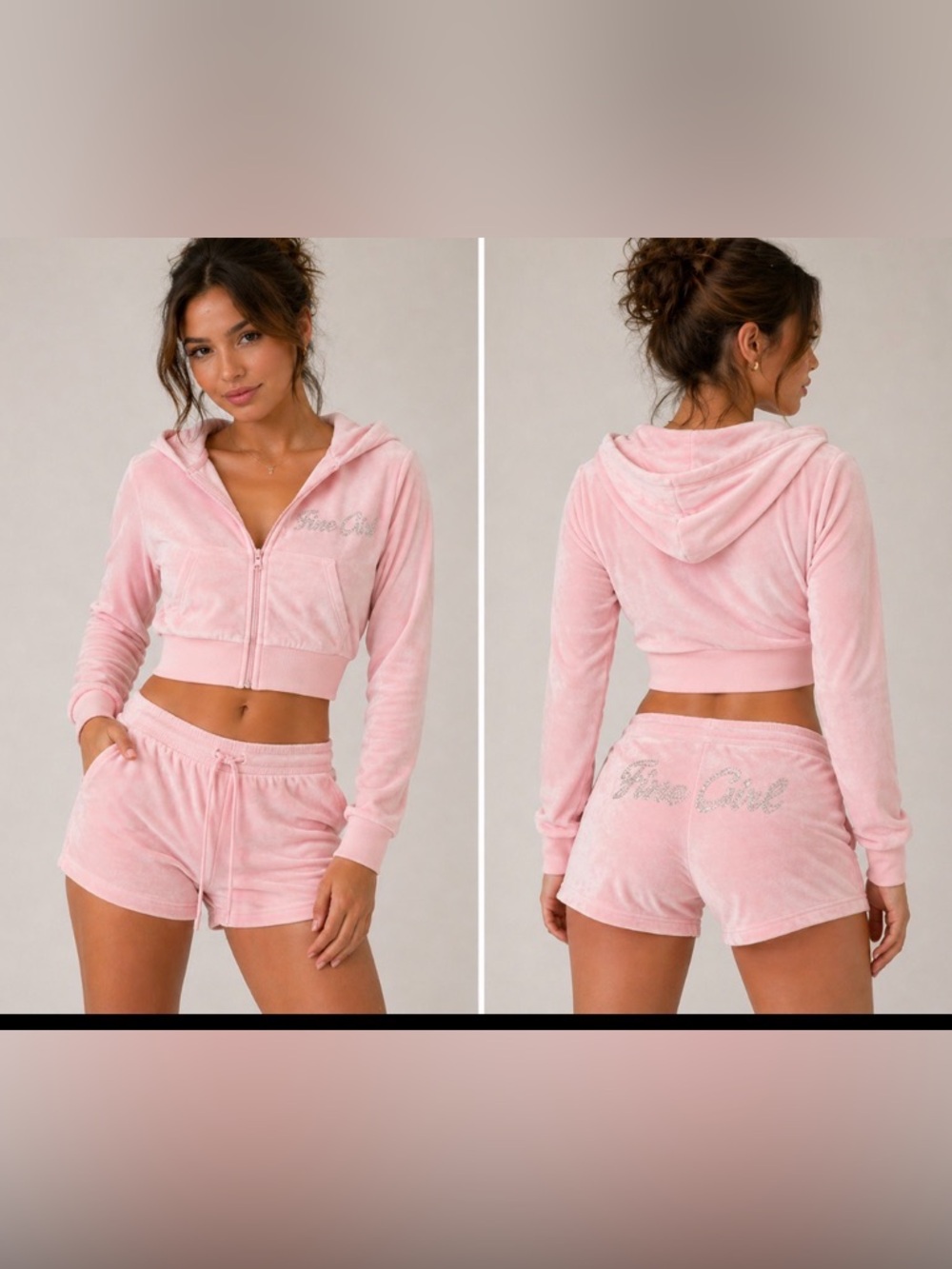 Rhinestone Script Pink Velour Cropped Hoodie & Shorts Set